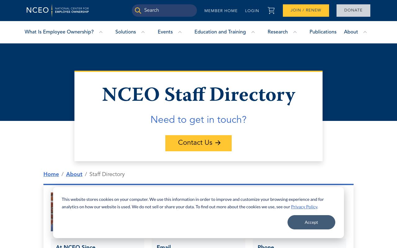 NCEO Staff Directory landing page on nceo.org, navy header with National Center for Employee Ownership logo, a white hero card reading NCEO Staff Directory over a Contact Us button, and the top of the directory listing below.