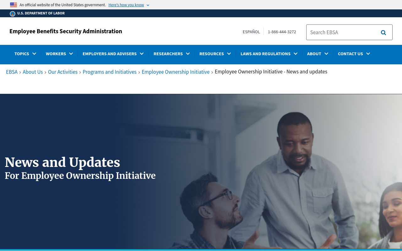 U.S. Department of Labor, Employee Benefits Security Administration website, News and Updates page for the Employee Ownership Initiative, showing the official DOL header with an American flag banner and a photo of colleagues in conversation.