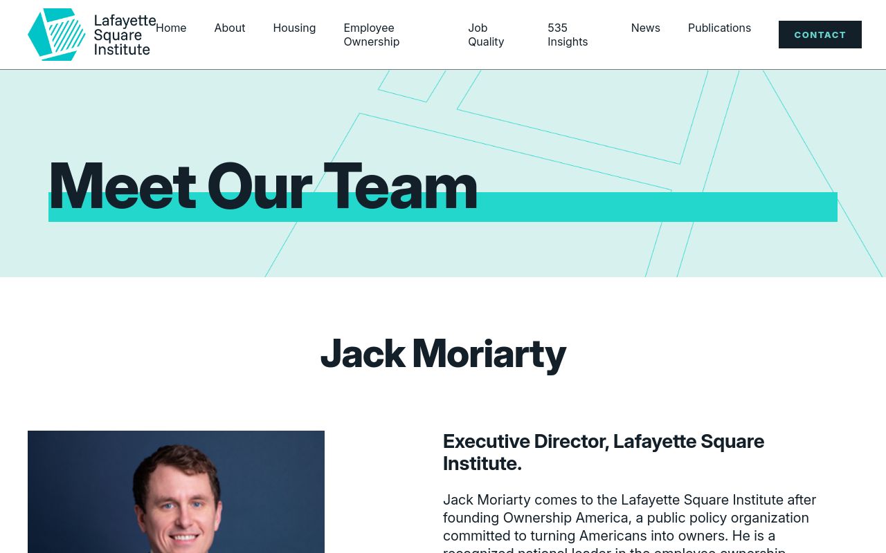 Lafayette Square Institute 'Meet Our Team' page, showing the site's teal-and-navy header navigation and the start of Jack Moriarty's bio, headshot, and title as Executive Director, Lafayette Square Institute.