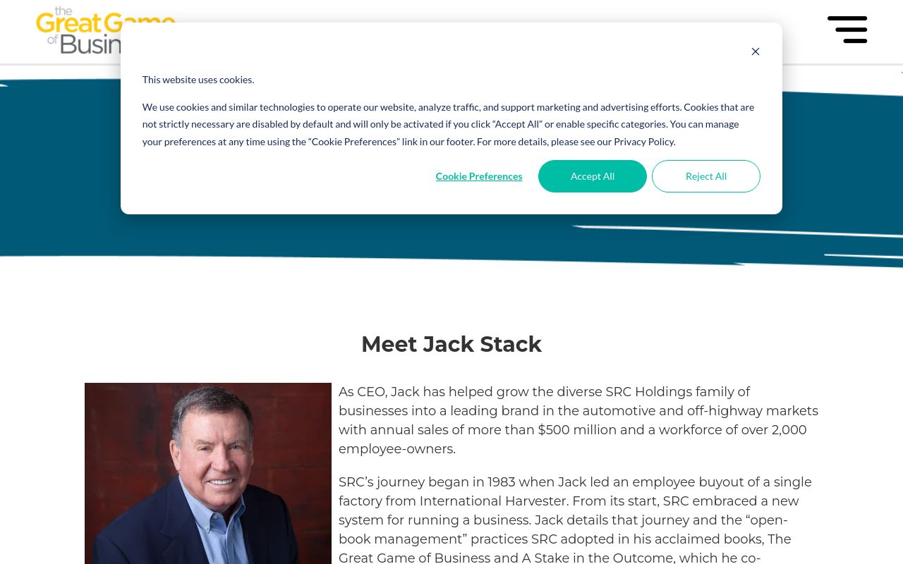 The Great Game of Business website, 'Meet Jack Stack' page, showing a cookie consent banner over a teal header, Jack Stack's headshot in a blazer against a brick wall, and body text describing him as CEO who grew SRC Holdings to more than $500 million in annual sales and over 2,000 employee-owners.