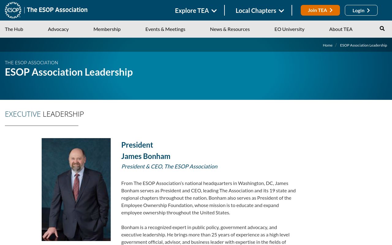 The ESOP Association's Leadership page, dark blue header with the association's ring logo, showing James Bonham's headshot and his title, President & CEO, The ESOP Association, alongside a paragraph of his bio.