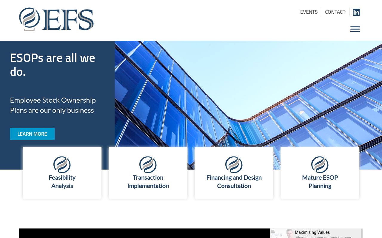 EFS ESOP Consultants homepage, navy blue hero panel reading 'ESOPs are all we do. Employee Stock Ownership Plans are our only business' with a Learn More button, beside a photo of a modern glass office building facade, and four service cards below: Feasibility Analysis, Transaction Implementation, Financing and Design Consultation, Mature ESOP Planning.