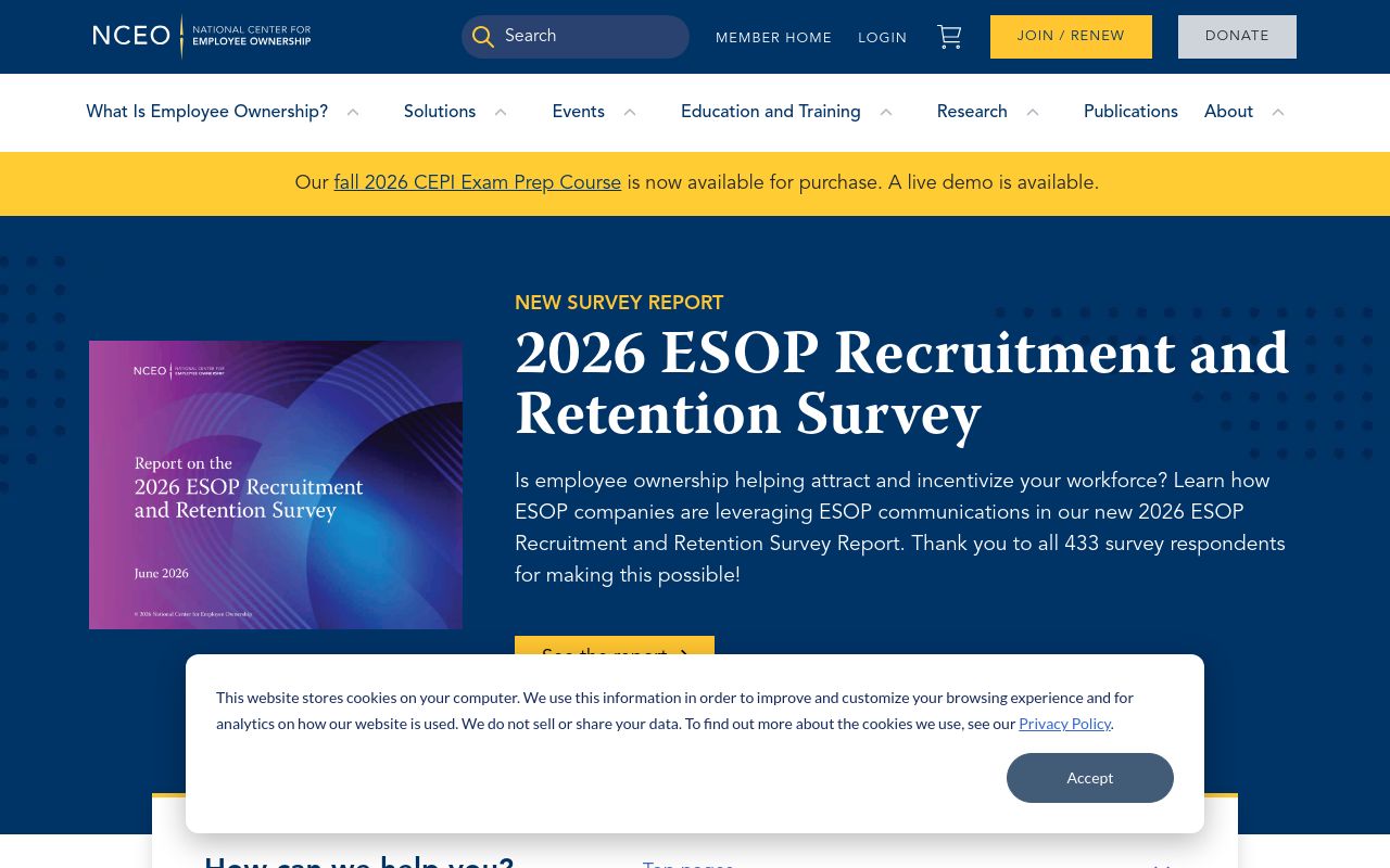 NCEO homepage at nceo.org, navy header with National Center for Employee Ownership logo and main nav, a yellow announcement bar for a fall 2026 exam preparation course, and a New Survey Report hero for the 2026 ESOP Recruitment and Retention Survey with its report cover thumbnail.