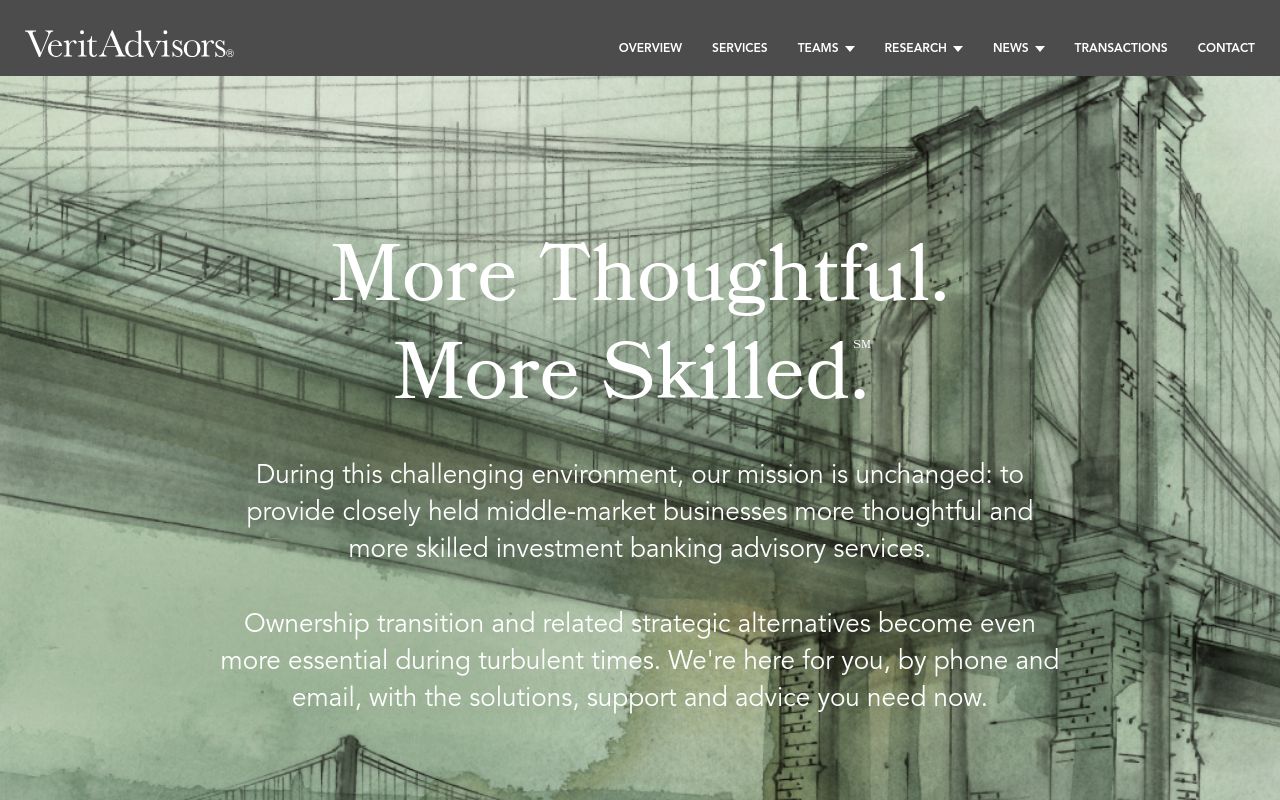 Verit Advisors homepage, dark grey navigation bar with Overview, Services, Teams, Research, News, Transactions, Contact; hero image of a watercolour Brooklyn Bridge illustration in sage green behind the headline 'More Thoughtful. More Skilled.' and a short mission paragraph.