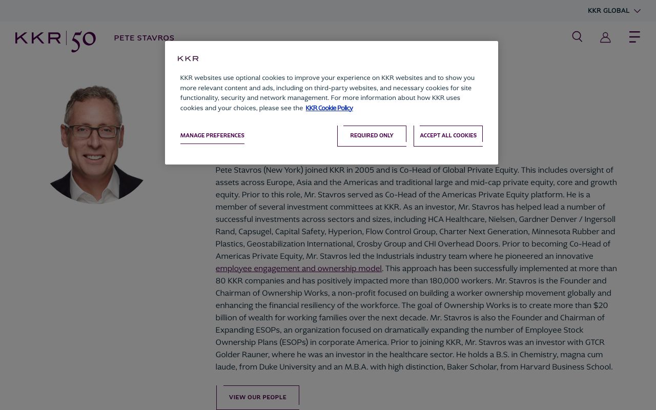 KKR staff bio page for Pete Stavros, showing his headshot, the KKR 50th-anniversary logo, and bio text describing him as Co-Head of Global Private Equity and Founder and Chairman of Ownership Works, with a cookie-consent banner overlaying the top of the page.