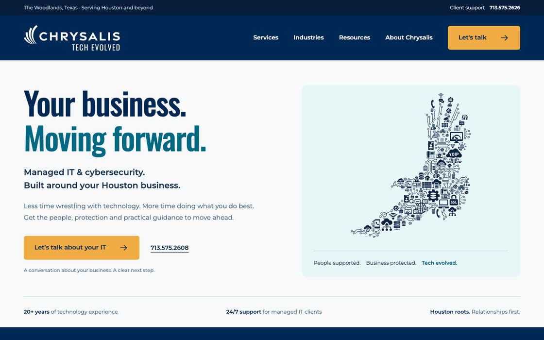 Chrysalis homepage after: white hero, compact headline, orange call-to-action buttons
