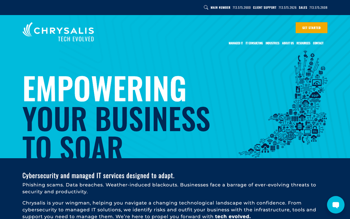 Chrysalis homepage before: turquoise hero with a large uppercase headline
