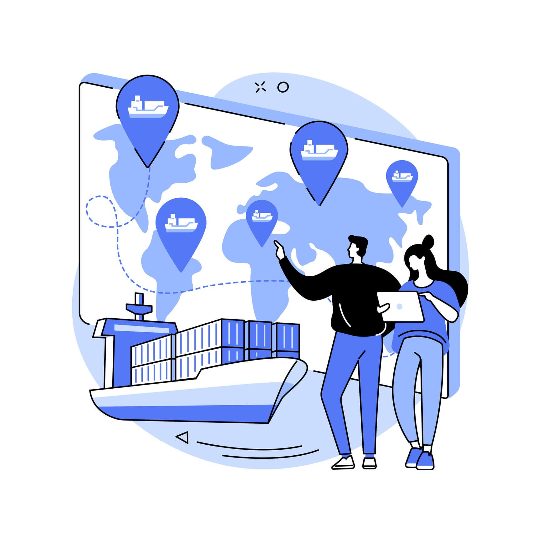 Two people within a digital map interface, one holding a location pin, symbolizing global connectivity and navigation.