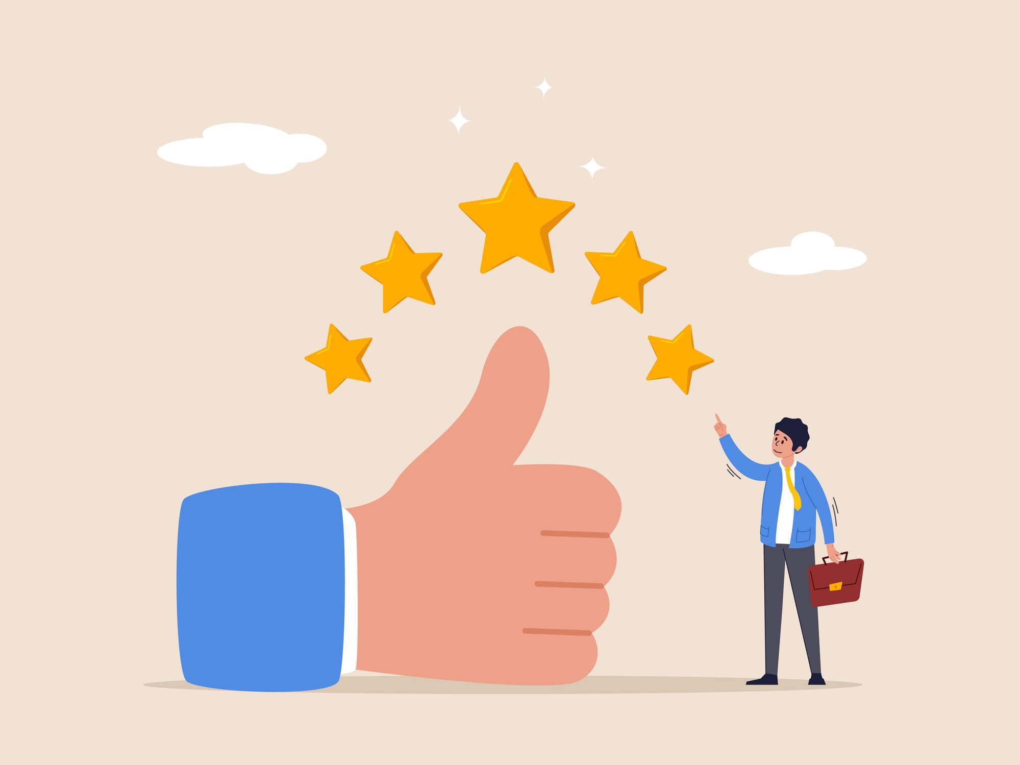 Eine Hand, die vor einer Fünf-Sterne-Bewertung einen Daumen nach oben zeigt, steht für positives Feedback oder hohe Kundenzufriedenheit.