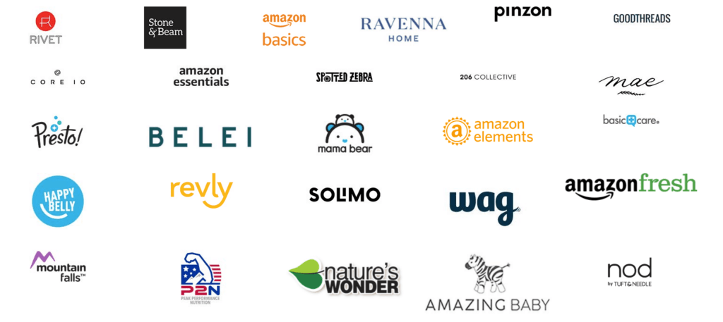 Various Amazon private label brand logos on a white background