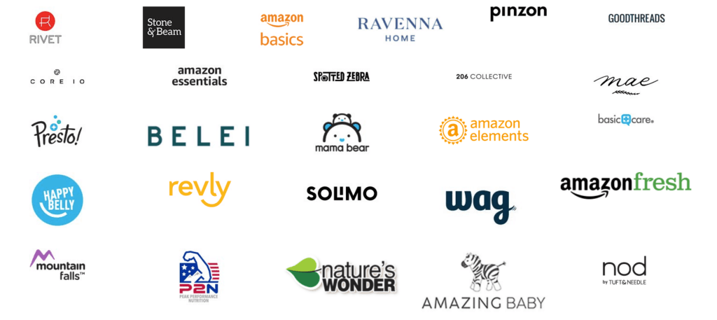 Verschiedene Amazon-Eigenmarken-Logos auf weißem Hintergrund