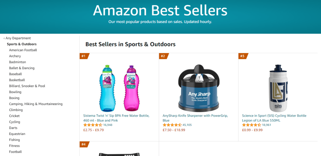 Current Amazon bestsellers in sports & outdoors are BPA-free water bottles and a knife sharpener with power grip