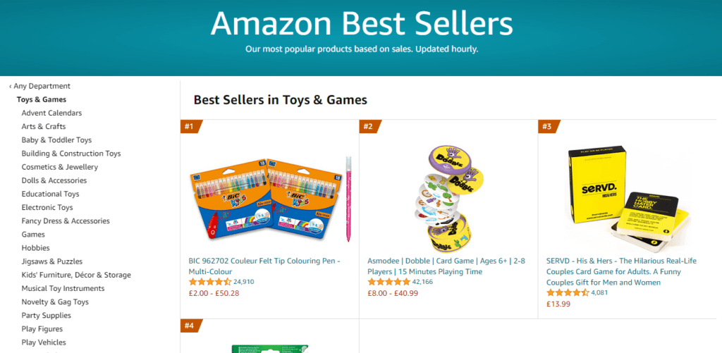 Current Amazon bestsellers in toys & games are felt tip colouring pens, a card game for children and one for adults