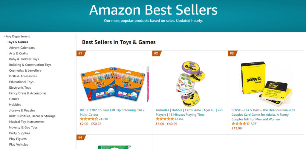 Die aktuellen Amazon-Bestseller im Bereich Spielzeug & Spiele sind Filzstifte, ein Kartenspiel für Kinder und eines für Erwachsene