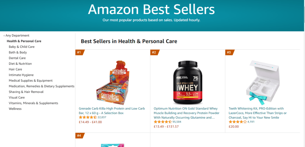 Current Amazon bestsellers in health & personal care are high-protein bars, protein powder and teeth whitening kits