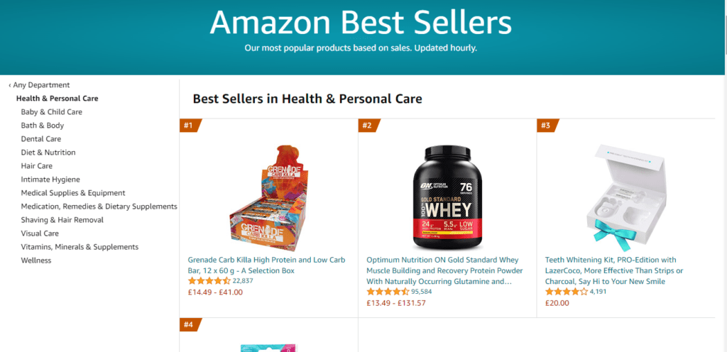 Die aktuellen Amazon-Bestseller im Bereich Gesundheit und Körperpflege sind proteinreiche Riegel, Proteinpulver und Zahnbleichsets