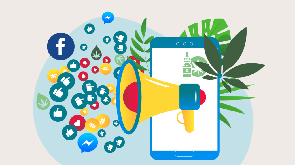 Megaphone on a smartphone screen with Facebook Messenger and Like icons streaming out. CBD plants in the background