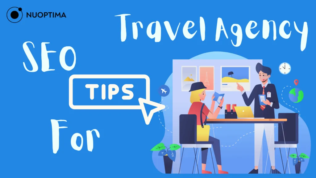 Tips for Travel Agency SEO with a man and woman discussing travel plans in an office setting with travel-themed illustrations in the background.