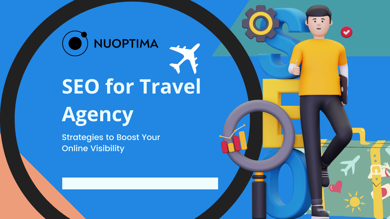 SEO für Reisebürostrategien visualisiert mit einer Lupe, einem Flugzeugsymbol und einer männlichen Figur, die neben bunten SEO-Buchstaben steht.