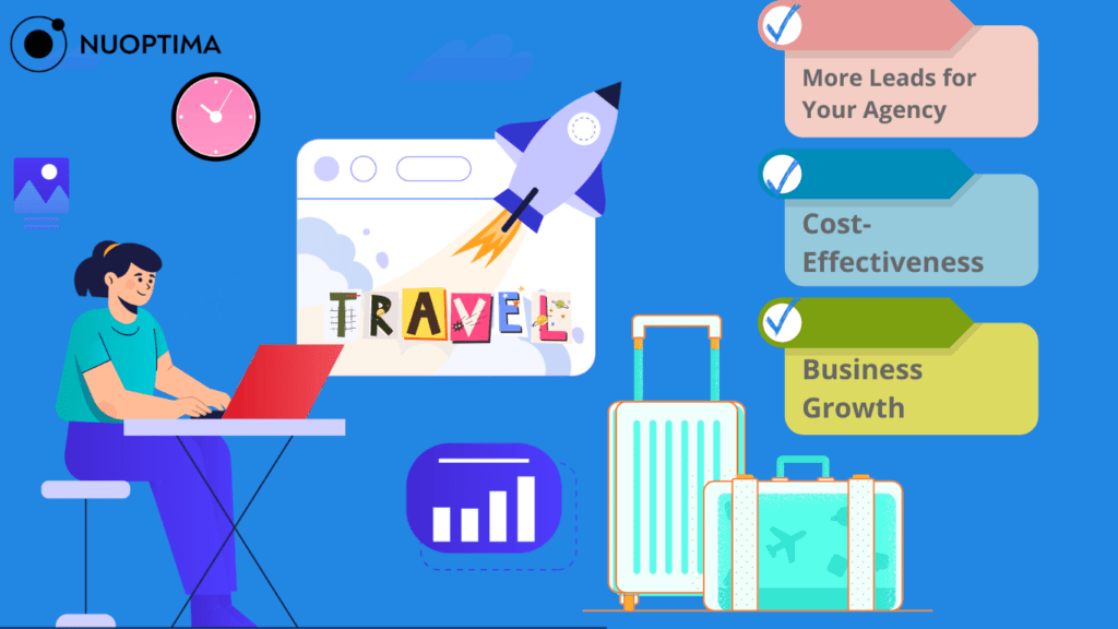 Illustration of a woman working on a laptop with 'Travel' text and icons representing travel and business growth benefits.