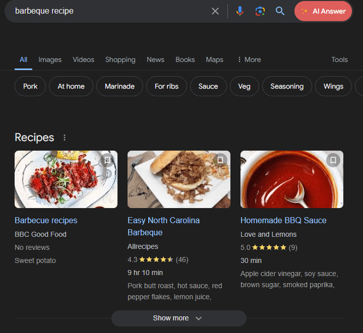 An example of search term “barbeque recipe” showing  how structured data helps you win rich results. 