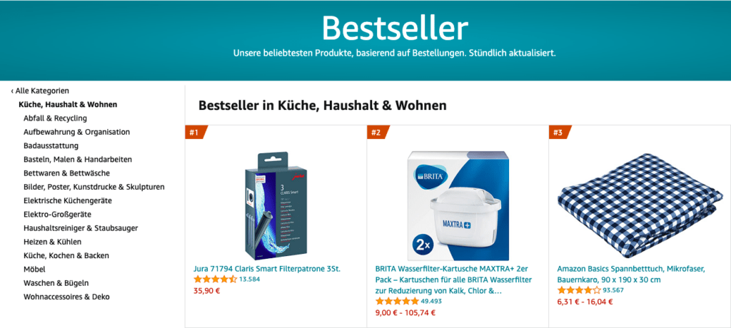 Bestseller-Produkte auf Amazon im Bereich Küche, Haushalt & Wohnen sind derzeit Wasserfilter und Spannbettlaken