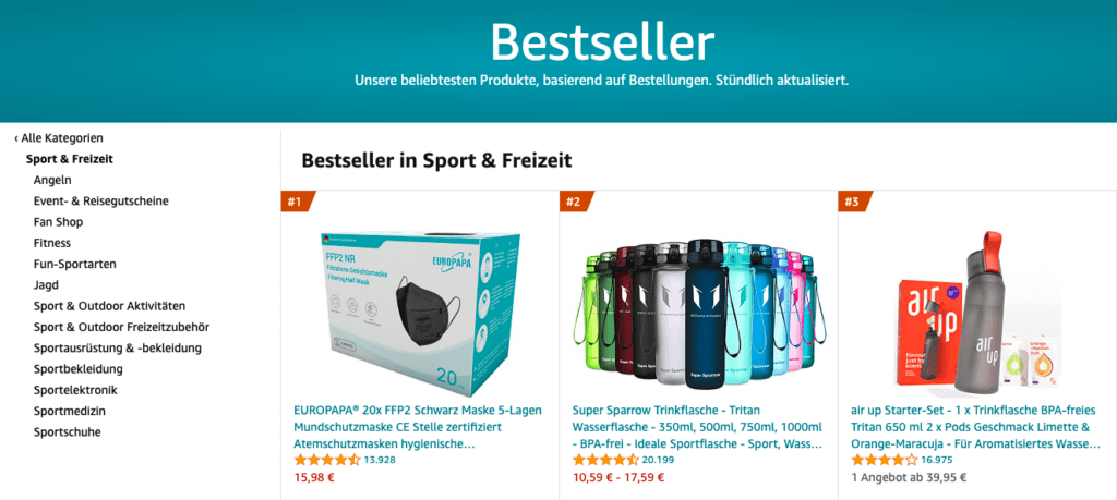 Bestseller-Produkte auf Amazon im Bereich Sport & Freizeit sind derzeit FFP2-Masken und BPA-freie Trinkflaschen