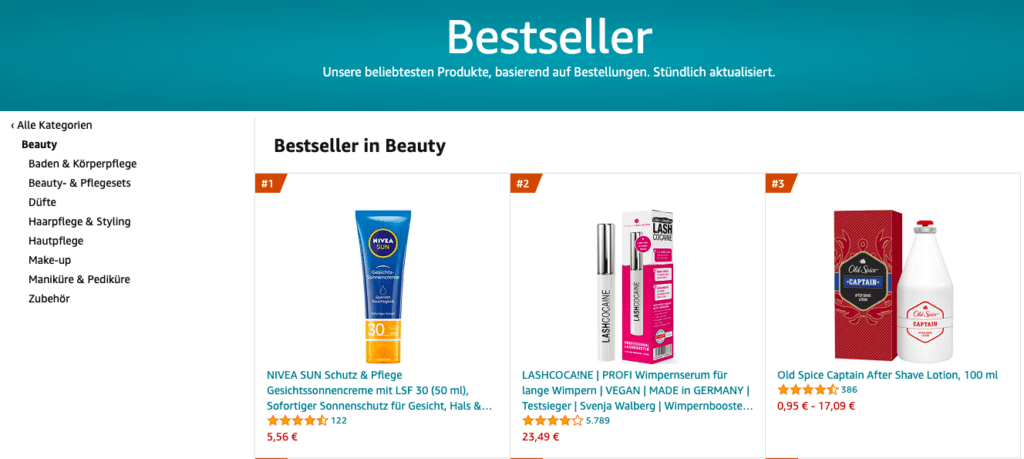 Bestseller Produkte auf Amazon im Bereich Beauty sind derzeit Sonnencreme, ein Wimpernserum und eine After Shave Lotion