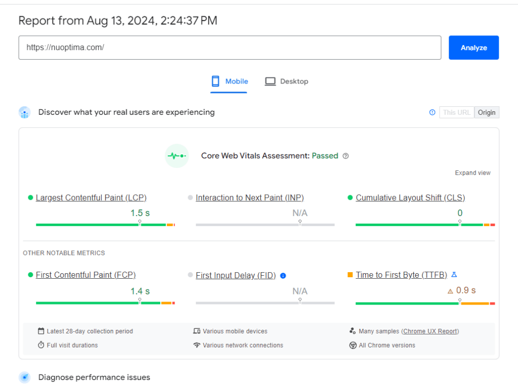 Screenshot von PageSpeed Insights für die Website von NUOPTIMA. 