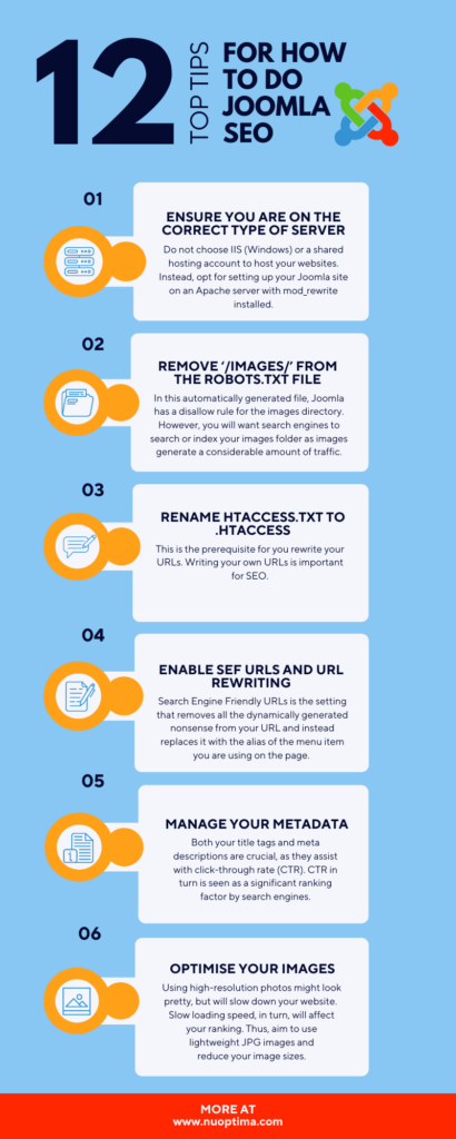 For successful Joomla SEO, NUOPTIMA advises using the correct type of server, enabling SEF URLs and optimising your images