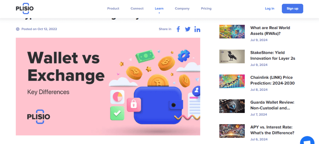 Plisio blog on “wallet vs. exchanges: key differences” webpage illustration