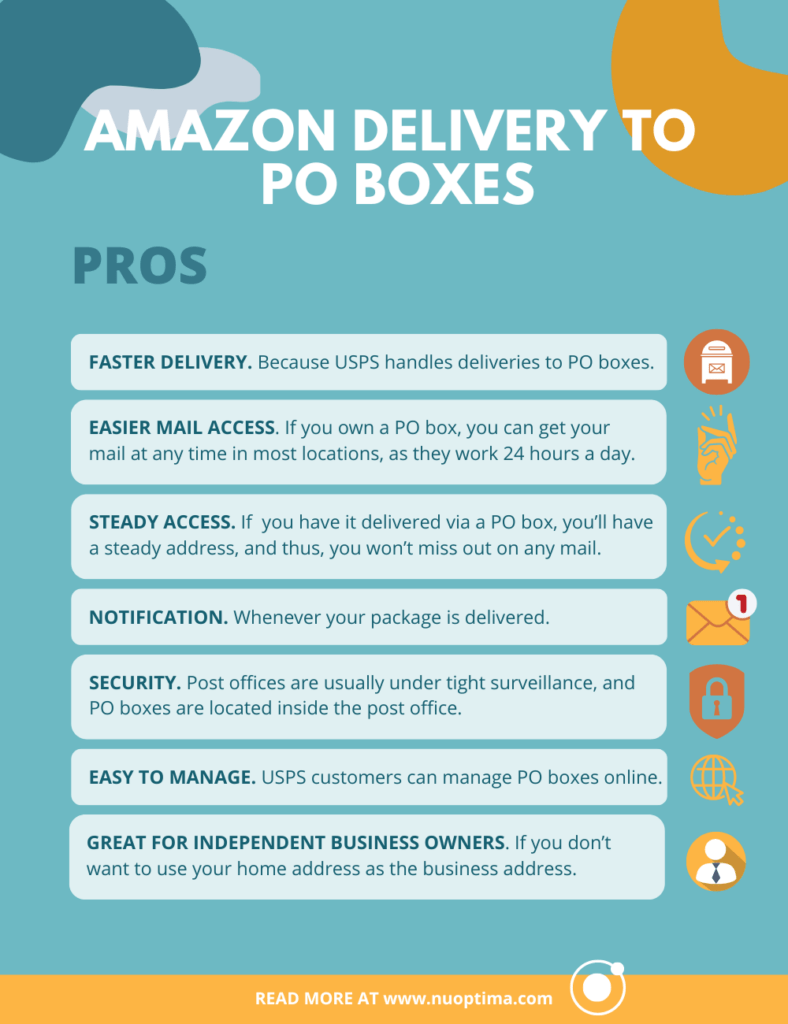 Benefits of Amazon delivery to po boxes such as faster delivery, steady access, notification, security and easier mail access