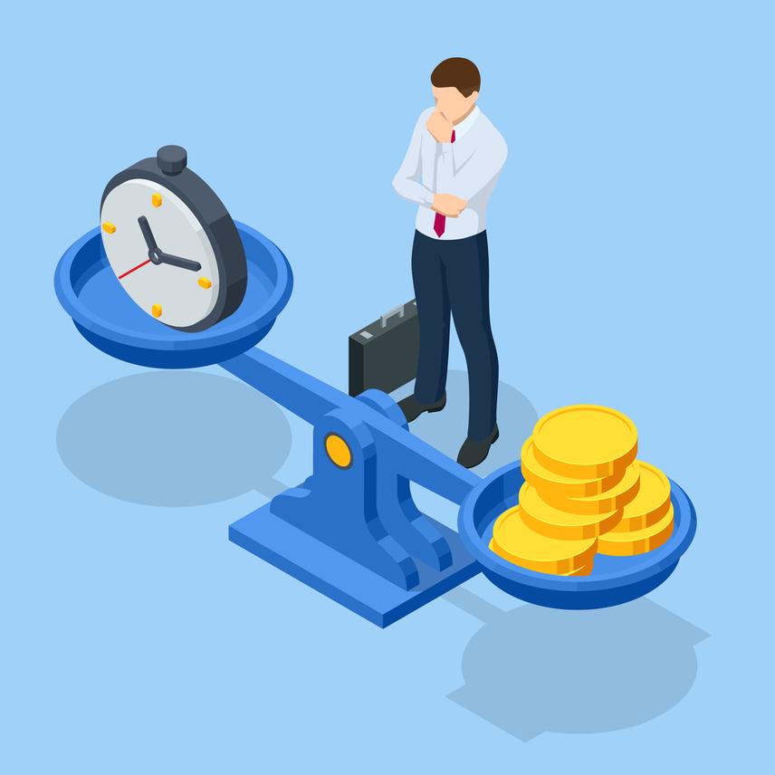 Isometric time is money concept. Money and time balance on scale. Financial investments, revenue increase, budget management, savings account