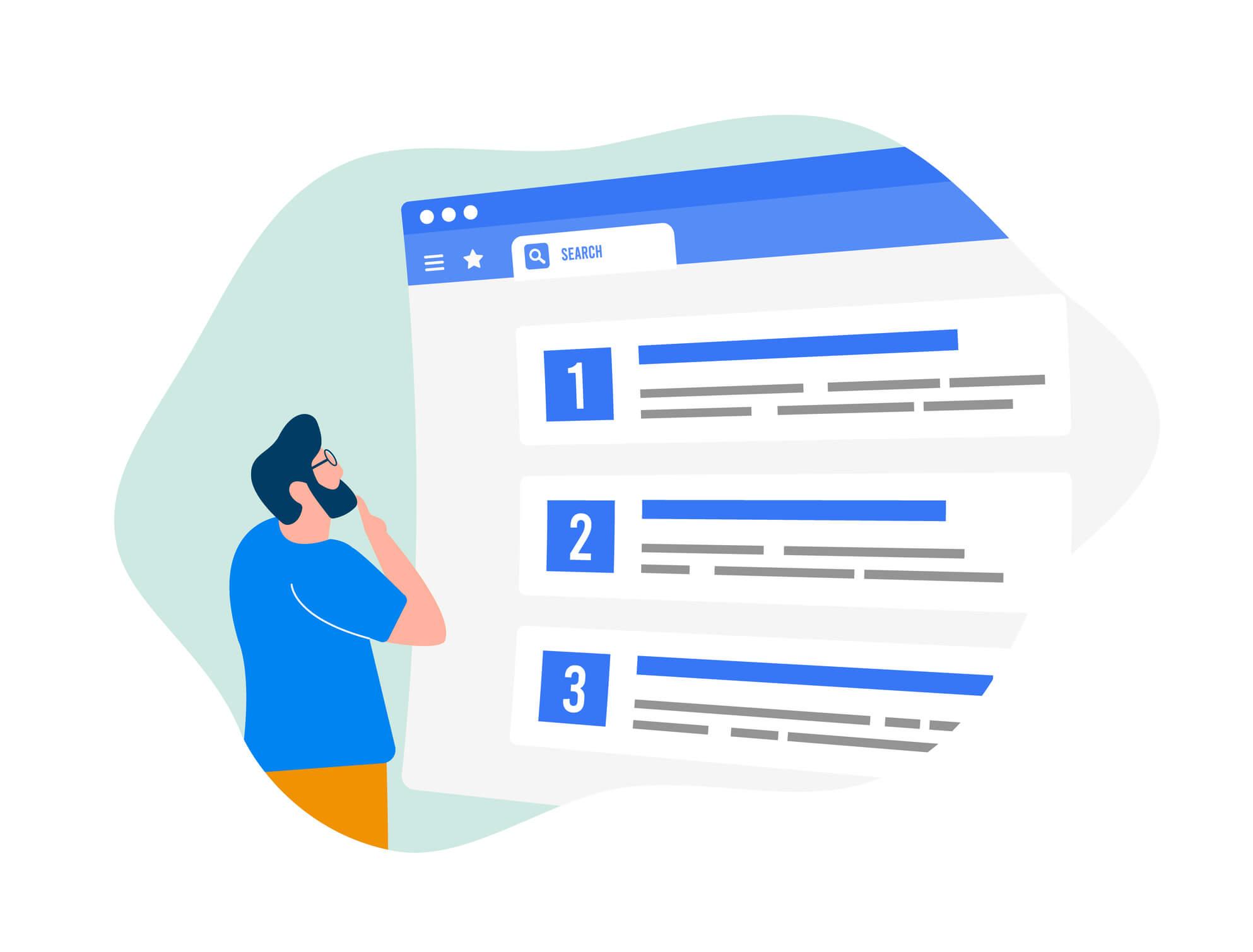 Illustration einer Person, die beim Betrachten einer Suchergebnisseite mit Ranglisten nachdenkt, als Symbol für das Konzept von SEO-Rankings und Suchmaschinenoptimierung.