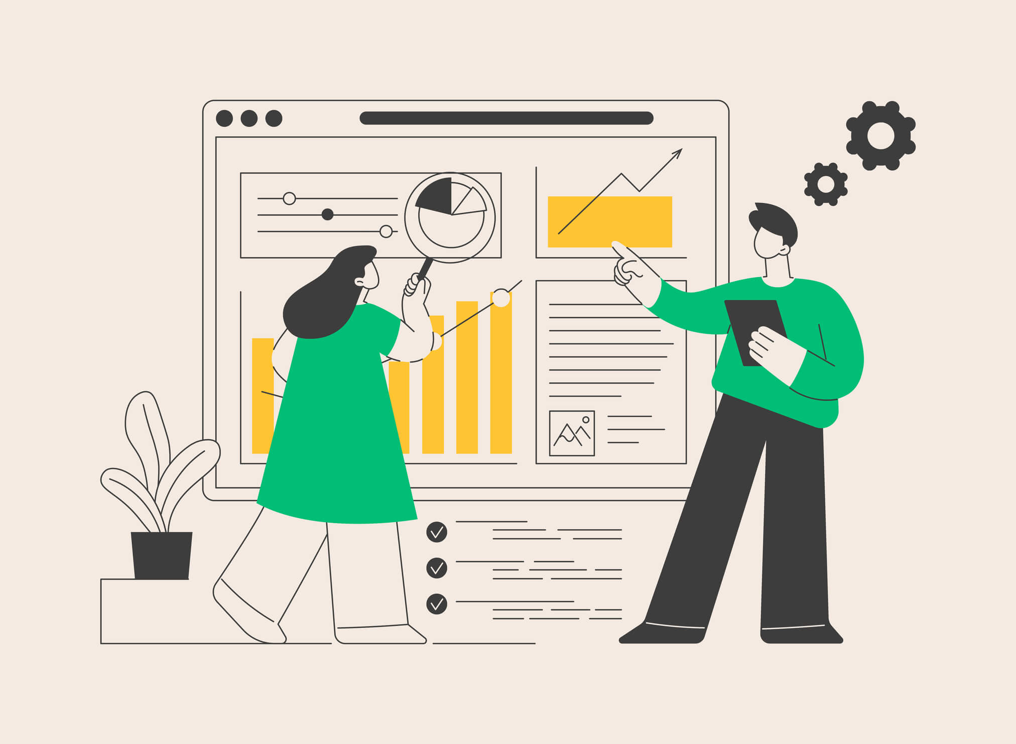 Illustration of two people analyzing data on a large screen, featuring bar graphs, pie charts, and line graphs. One person holds a magnifying glass over a pie chart, while the other points at a line graph. A potted plant and gears are also present in the scene.