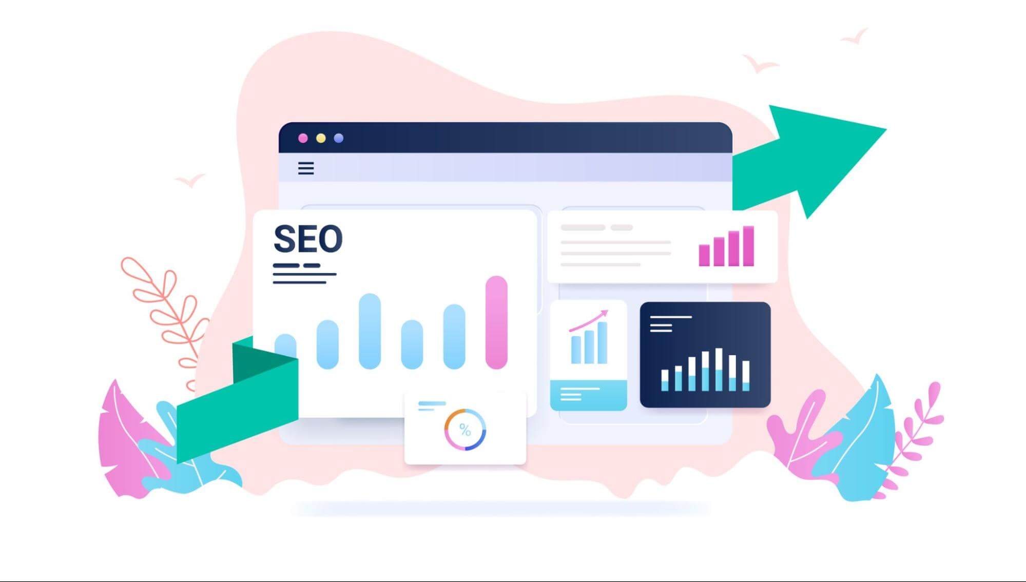 Eine Illustration von SEO-Analysen und Wachstumsdiagrammen mit Aufwärtspfeilen.