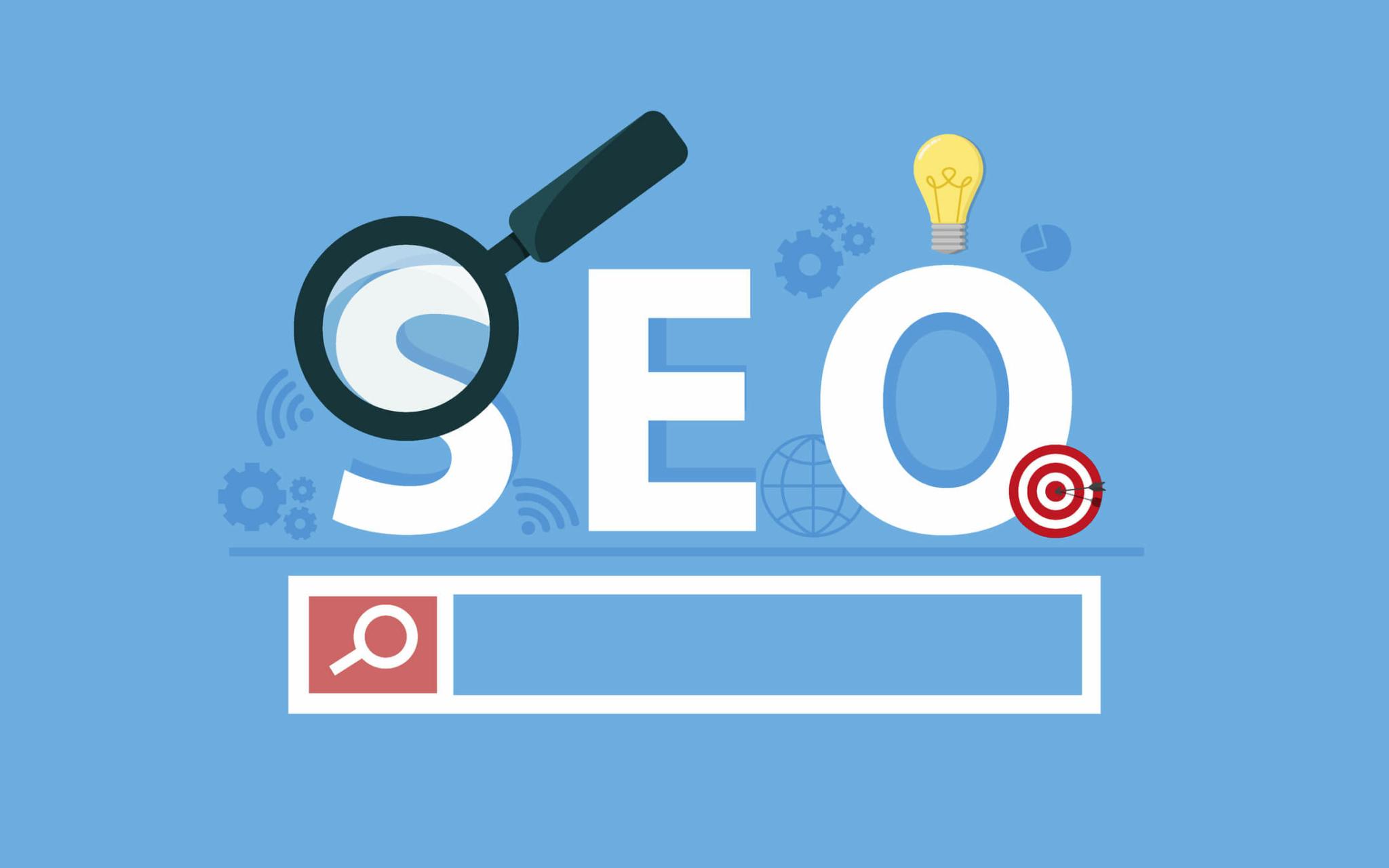 Eine SEO-Konzept-Illustration mit einem Vergrößerungsglas über den Buchstaben "SEO".