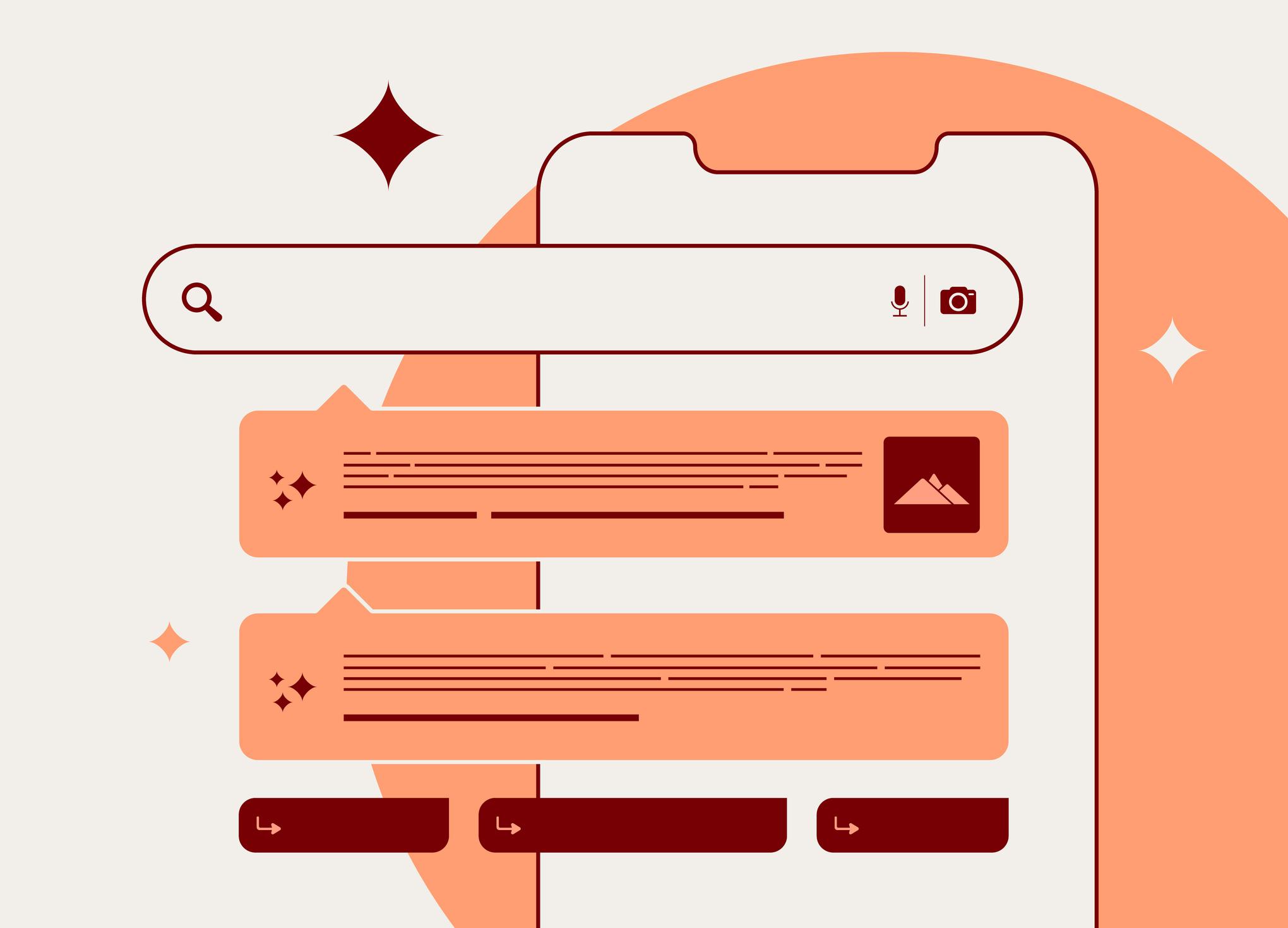 Illustration of a mobile phone screen displaying a search experience concept. The screen features a search bar at the top with microphone and camera icons, followed by search results with text snippets and an image thumbnail. The design uses a warm color palette with red and orange accents.