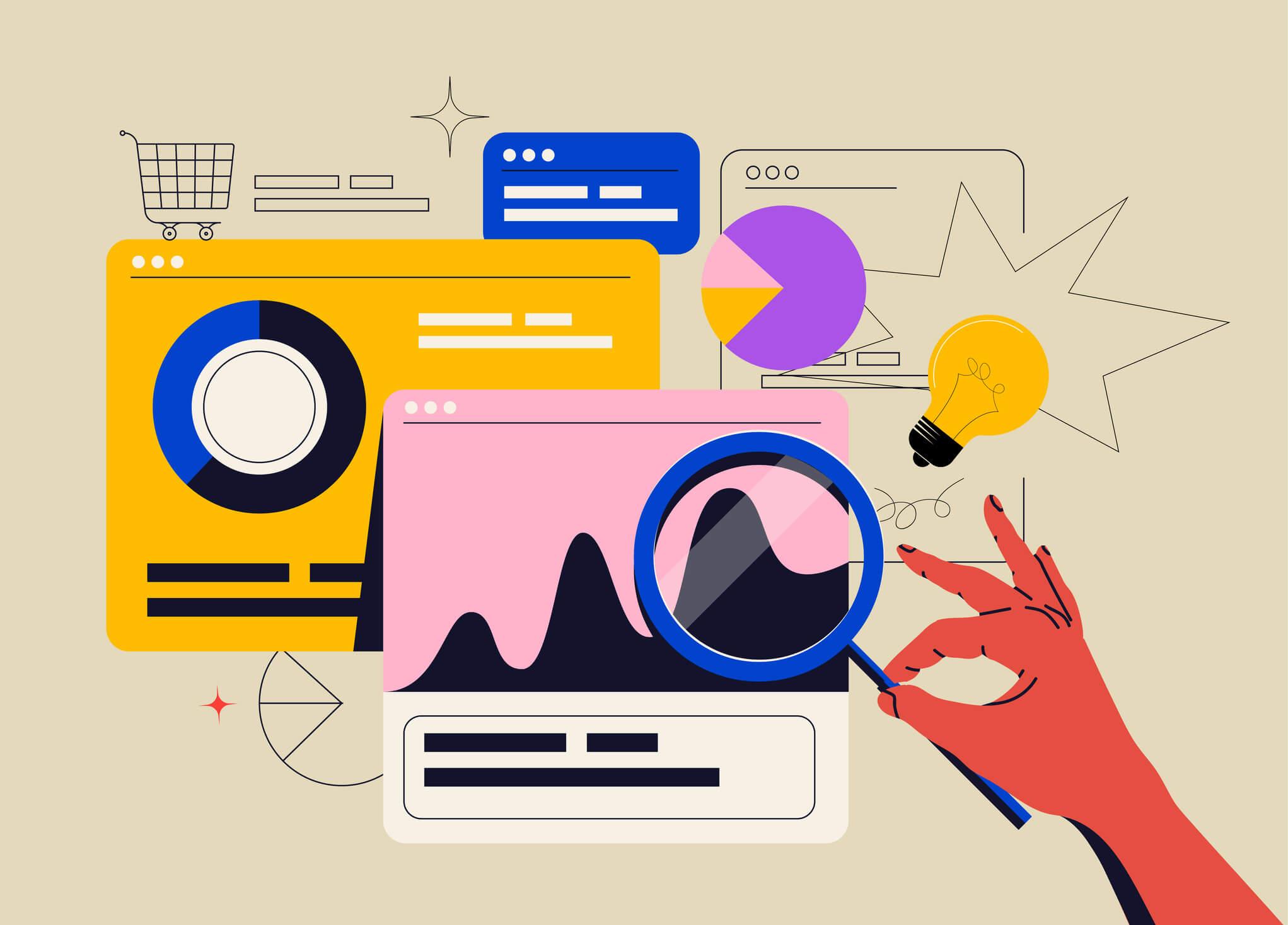 Illustration, die verschiedene Elemente des digitalen Marketings und der SEO-Optimierung zeigt, darunter bunte Diagramme, Grafiken, eine Lupe, ein Einkaufswagen-Symbol und eine Glühbirne, die Ideen darstellt. Die Szene hebt Analyse und Strategie im digitalen Marketing hervor.