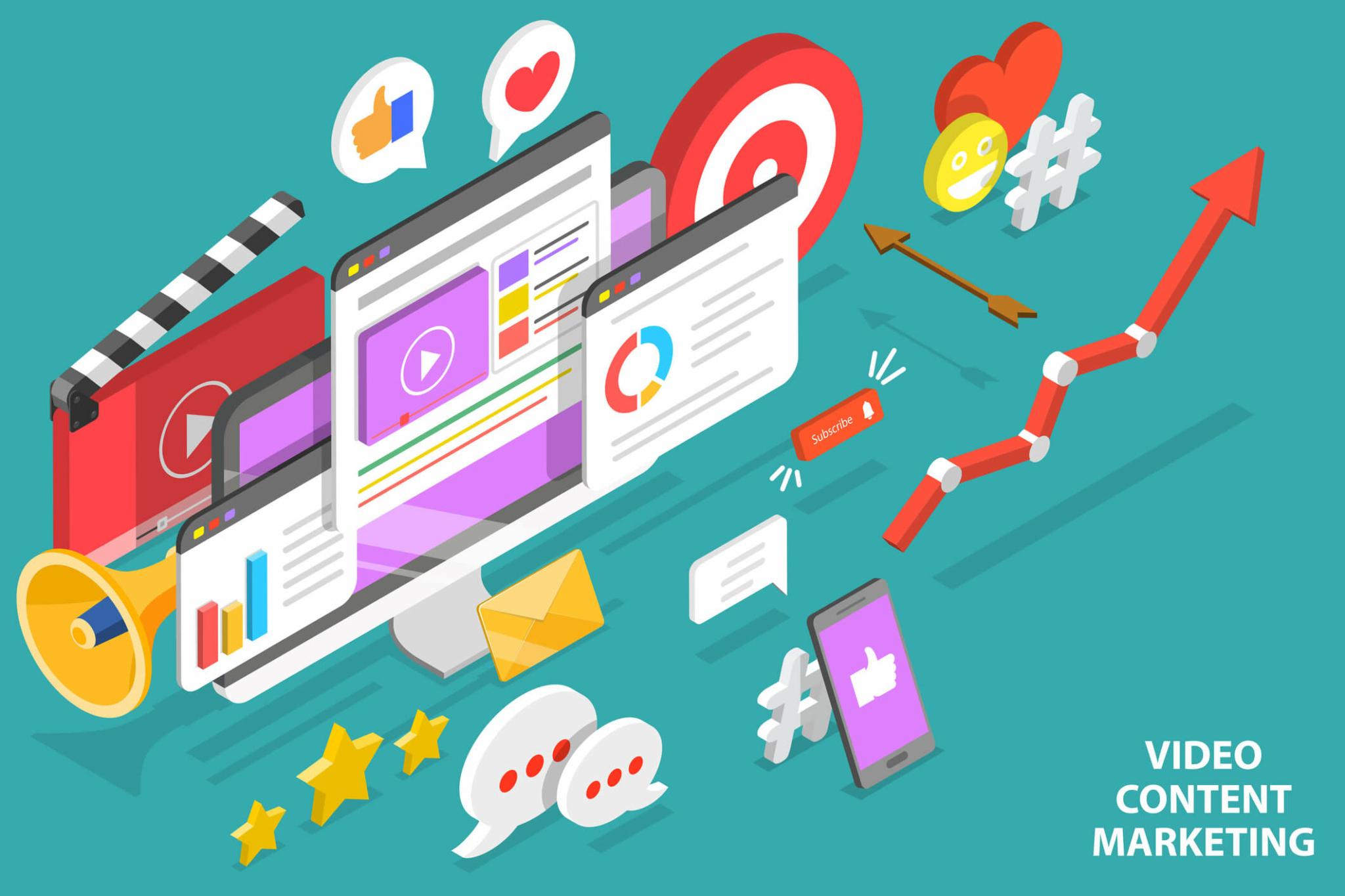 Illustration von Konzepten für das Marketing von Videoinhalten mit Computerbildschirmen, auf denen Videoplayer, Tabellen und Diagramme angezeigt werden. Weitere Elemente sind eine Zielscheibe, eine Klappe, Sprechblasen, Sterne, ein Smartphone mit einem Daumen-hoch-Symbol und verschiedene Symbole für Engagement und Wachstum.