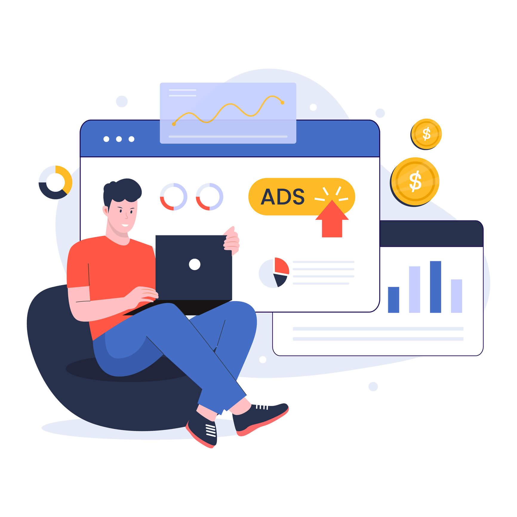Illustration of a person sitting with a laptop, surrounded by charts, graphs, and ads, symbolizing digital marketing and online advertising.
