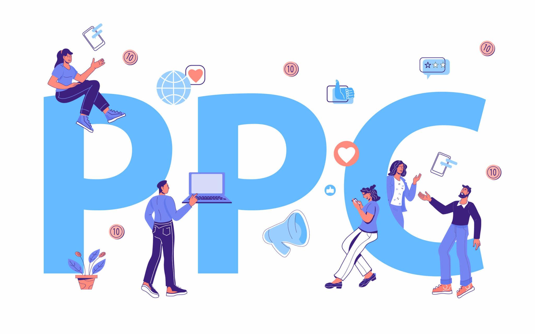 Dieses Bild zeigt die Buchstaben "PPC" in großer, fetter blauer Schrift, umgeben von Abbildungen von Menschen, die mit digitalen Geräten und Symbolen für soziale Medien arbeiten.