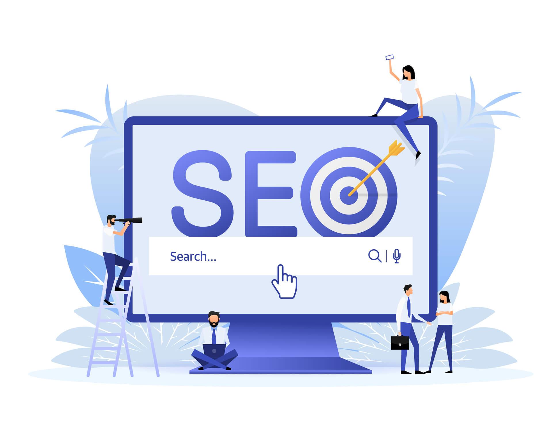 Eine Illustration eines großen Computermonitors, auf dem das Wort "SEO" mit einem Zielsymbol angezeigt wird, umgeben von fünf Zeichen, die verschiedene Aufgaben ausführen.