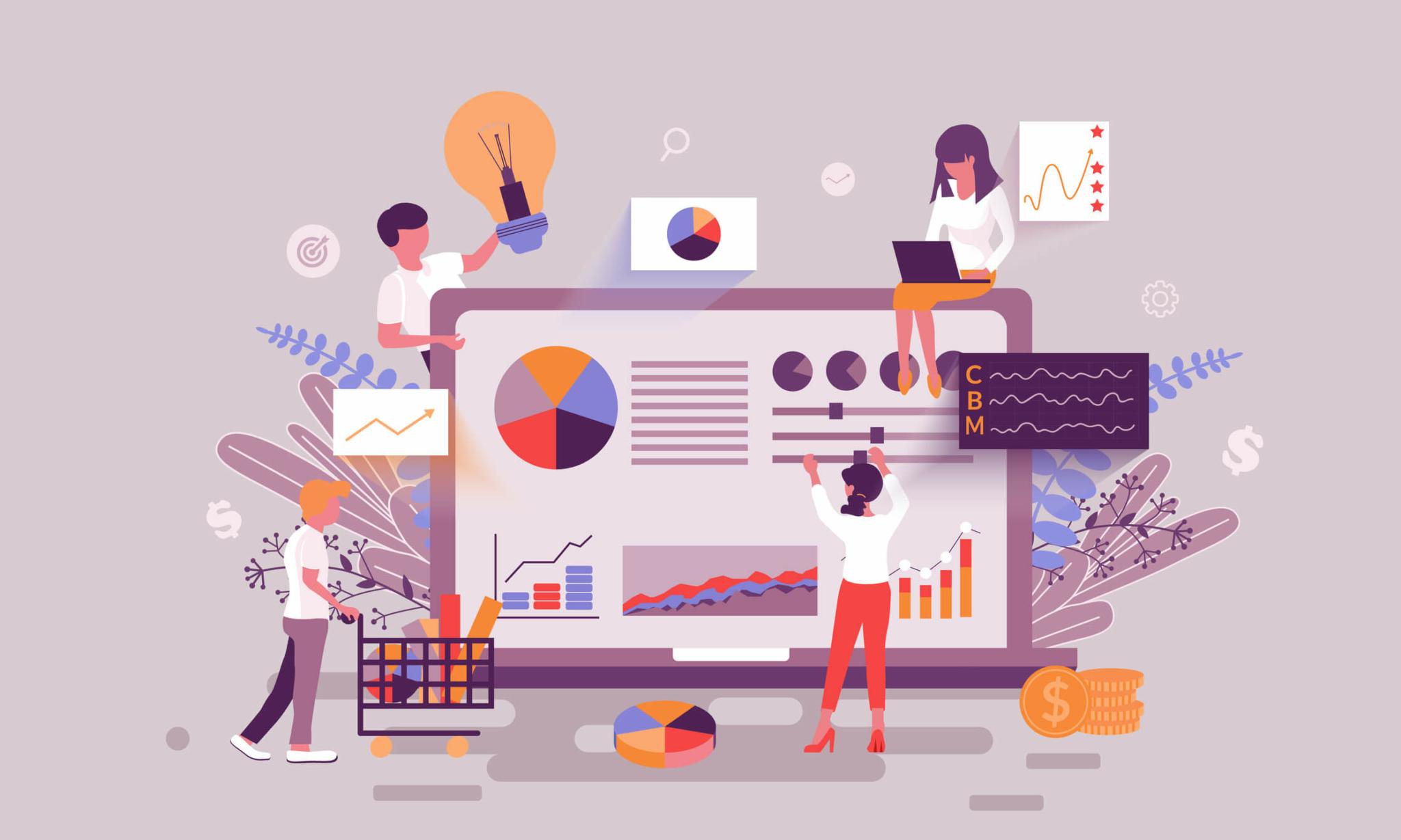 Illustration of multiple people interacting with a large screen displaying various charts, graphs, and pie charts, symbolizing data analysis, teamwork, and business intelligence.
