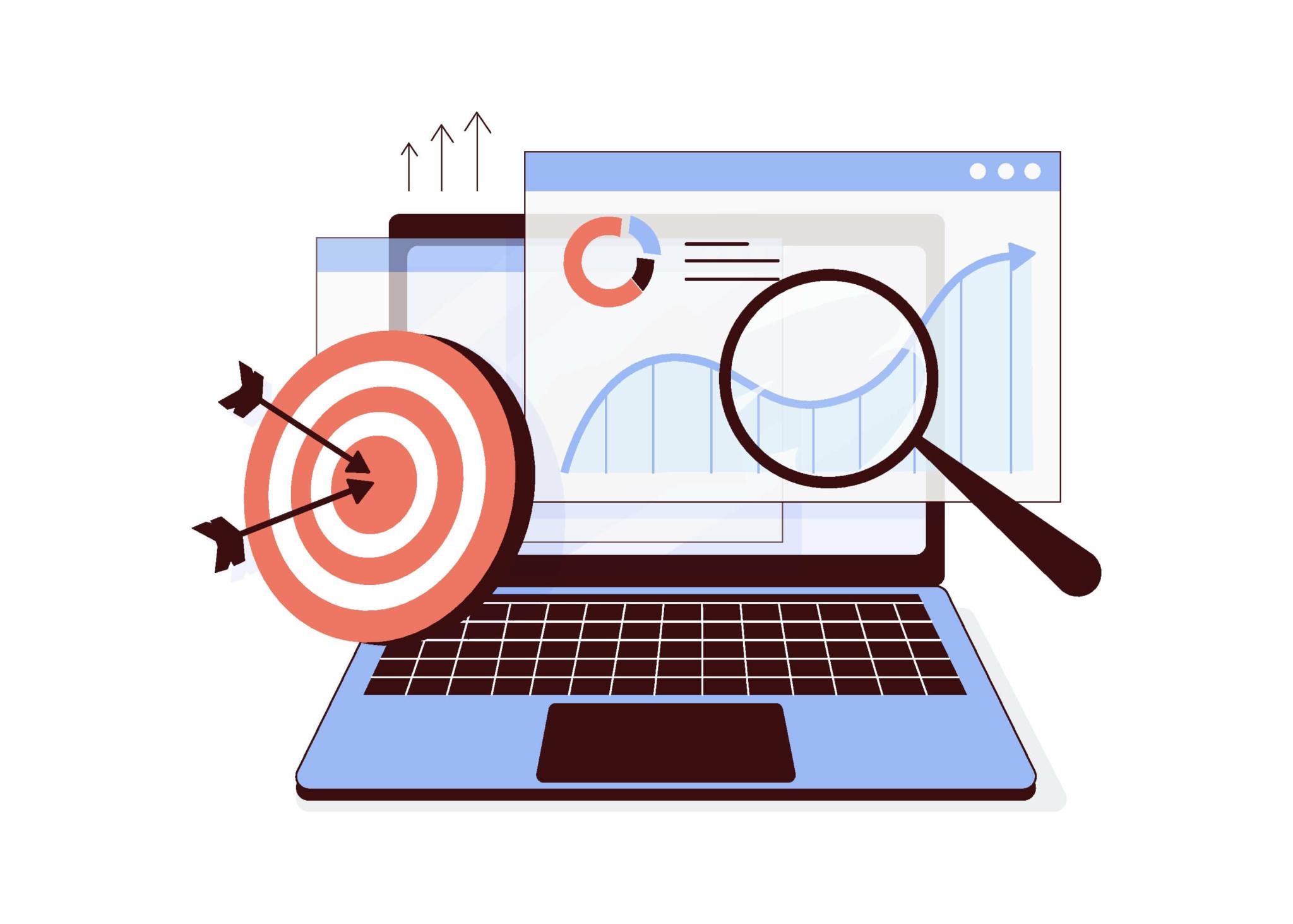 Illustration of a laptop screen displaying analytics charts, a magnifying glass, and a target with arrows hitting the center, symbolizing data analysis, precision targeting, and performance tracking in digital marketing.