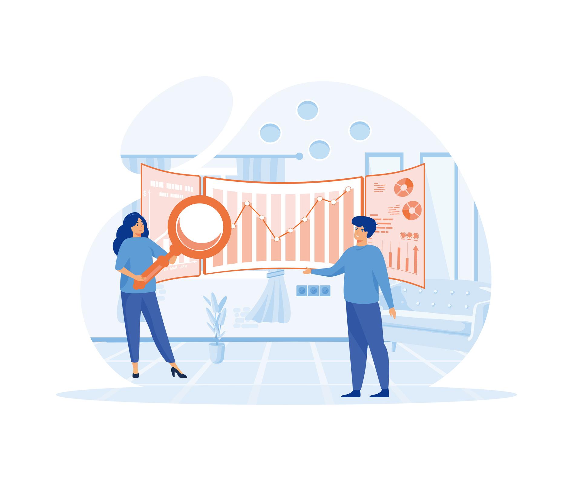An illustration of two people analyzing data.