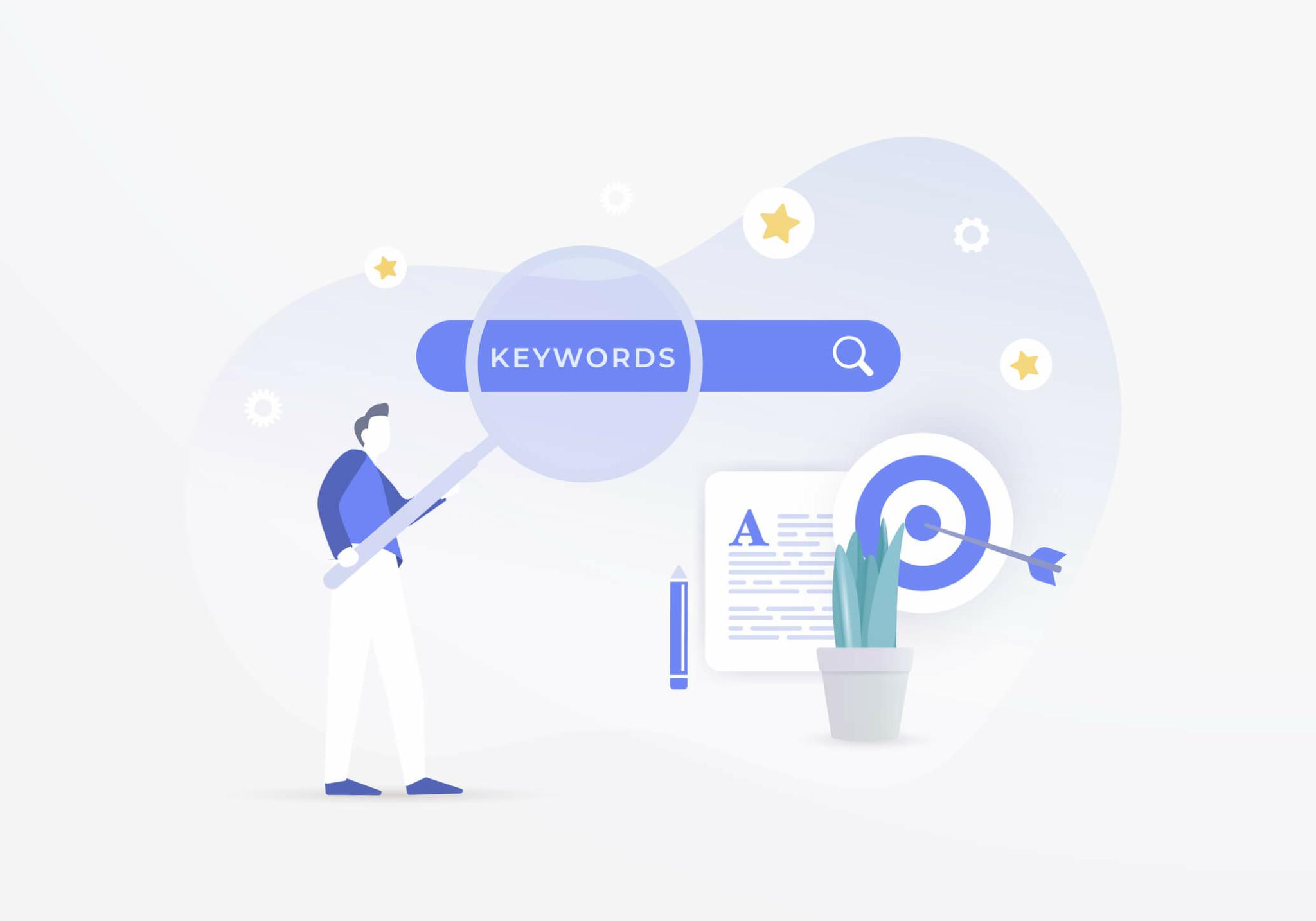 Illustration of a person holding a magnifying glass over a search bar with the word 'KEYWORDS', next to a target with an arrow, a document, and a pencil, symbolizing keyword research and targeted SEO strategies.