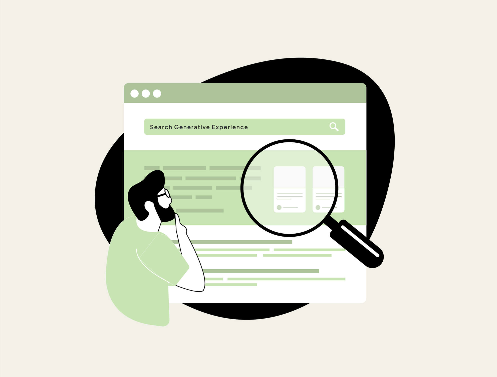 Illustration einer Person, die nachdenkt, während sie eine Suchergebnisseite mit einer Lupe über den Ergebnissen betrachtet, als Symbol für das Konzept der generativen Sucherfahrung und SEO.