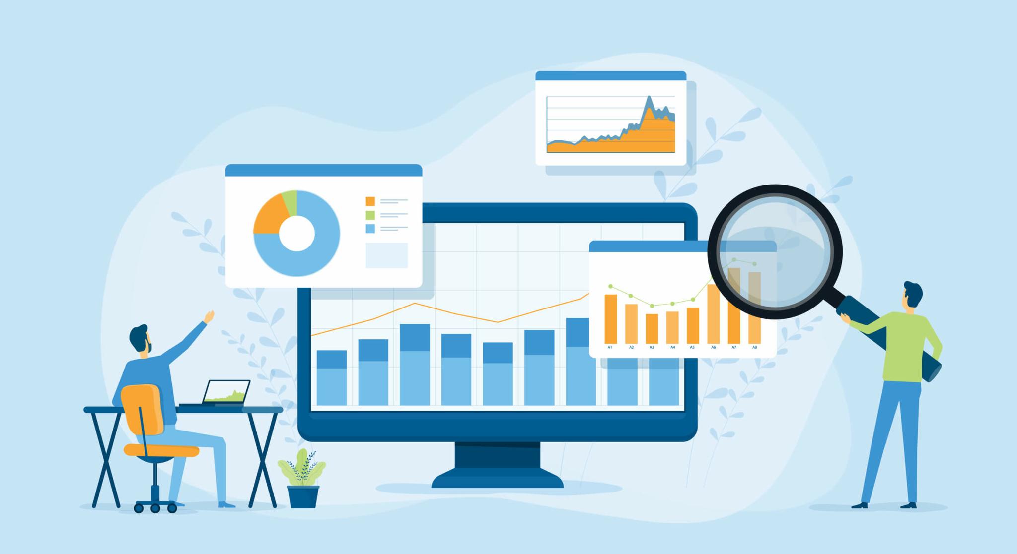 Eine Illustration von zwei Personen, die Daten auf einem großen Monitor mit Balken- und Tortendiagrammen analysieren, wobei eine Person eine Lupe in der Hand hält, um die Details zu untersuchen.