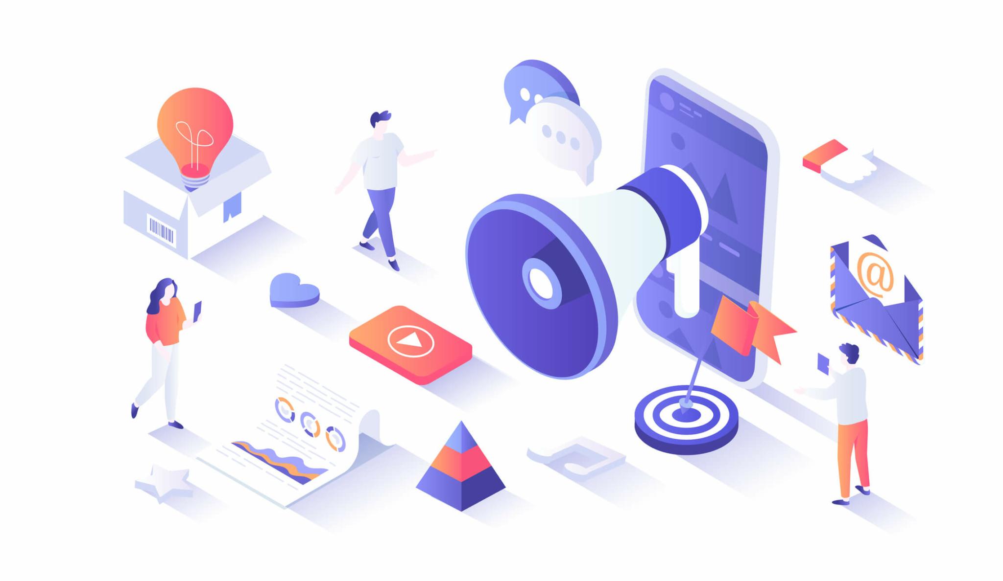 Menschen interagieren mit verschiedenen digitalen Marketingelementen wie einem Megaphon, einer Glühbirne, Diagrammen und Botschaften, die Marketingstrategien symbolisieren.